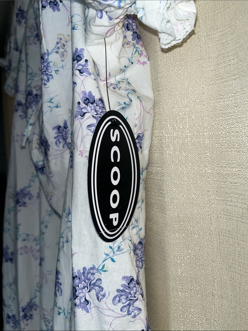 Women’s Scoop White Midi Dress with Purple Floral Print and Puff Sleeves - Picture 6 of 7